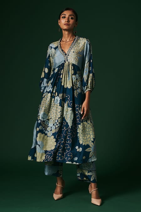 Arte-Alter Blue Handloom Cotton, Silk Mahonia Floral Hand Print Anarkali And Pant Set Online at Aza Fashions Arte-Alter_Blue Handloom Cotton, Silk Mahonia Floral Hand Print Anarkali And Pant Set _Online_at_Aza_Fashions