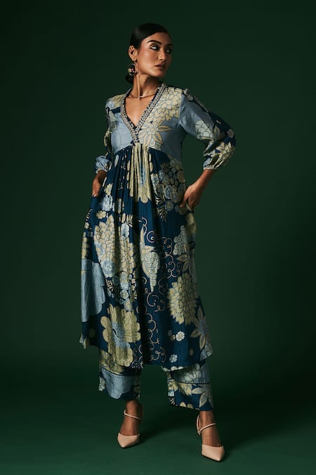 Buy Arte-Alter Blue Handloom Cotton, Silk Mahonia Floral Hand Print Anarkali And Pant Set Online at Aza Fashions Buy_Arte-Alter_Blue Handloom Cotton, Silk Mahonia Floral Hand Print Anarkali And Pant Set _Online_at_Aza_Fashions