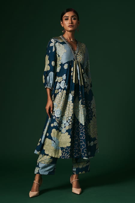 Shop Arte-Alter Blue Handloom Cotton, Silk Mahonia Floral Hand Print Anarkali And Pant Set Online at Aza Fashions Shop_Arte-Alter_Blue Handloom Cotton, Silk Mahonia Floral Hand Print Anarkali And Pant Set _Online_at_Aza_Fashions