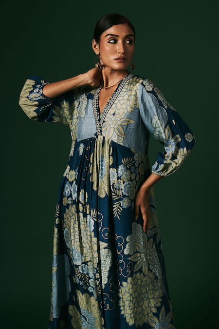 Arte-Alter Blue Handloom Cotton, Silk Mahonia Floral Hand Print Anarkali And Pant Set at Aza Fashions Arte-Alter_Blue Handloom Cotton, Silk Mahonia Floral Hand Print Anarkali And Pant Set _at_Aza_Fashions