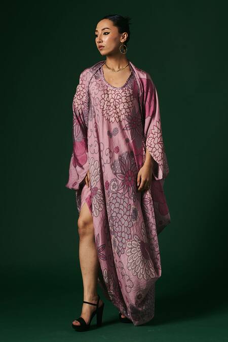 Arte-Alter_Purple Silk Embroidery Round Neck Starflower Hand Printed Draped Dress With Cape _Online_at_Aza_Fashions