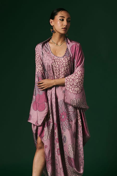 Shop_Arte-Alter_Purple Silk Embroidery Round Neck Starflower Hand Printed Draped Dress With Cape _Online_at_Aza_Fashions
