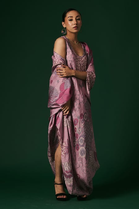 Buy_Arte-Alter_Purple Silk Embroidery Round Neck Starflower Hand Printed Draped Dress With Cape 