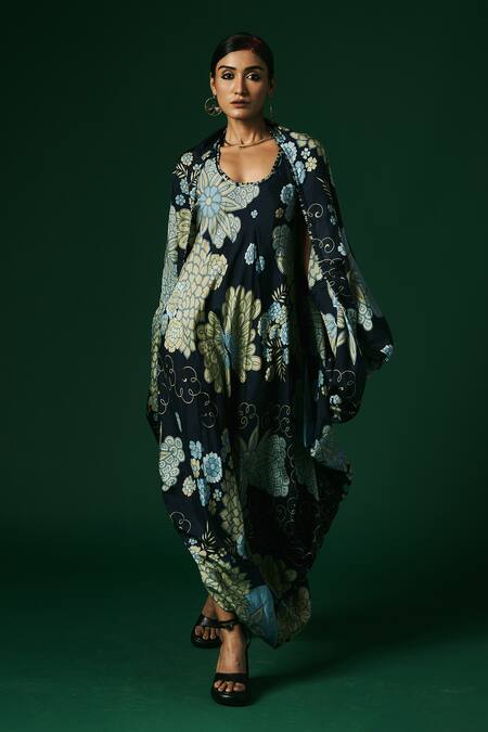 Arte-Alter_Blue Handloom Cotton Embroidery Aconite Hand Printed Draped Dress With Cape _Online_at_Aza_Fashions