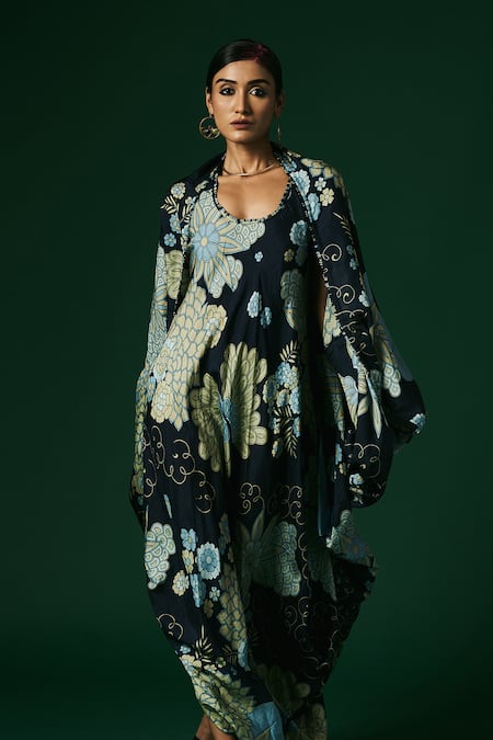 Buy_Arte-Alter_Blue Handloom Cotton Embroidery Aconite Hand Printed Draped Dress With Cape _Online_at_Aza_Fashions