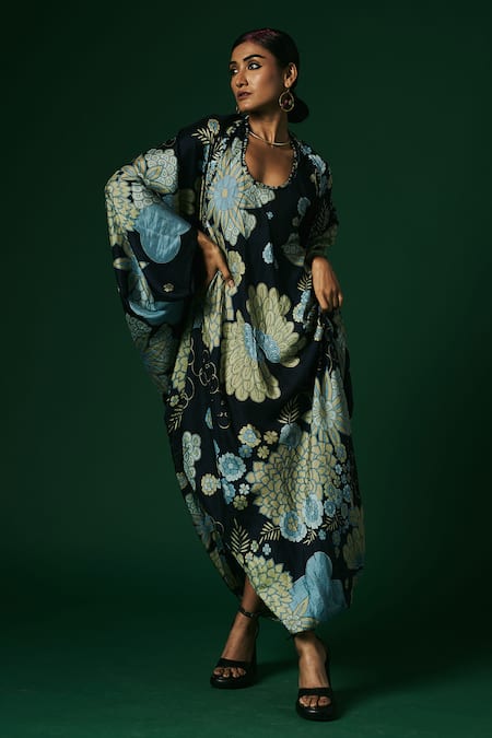 Shop_Arte-Alter_Blue Handloom Cotton Embroidery Aconite Hand Printed Draped Dress With Cape _Online_at_Aza_Fashions