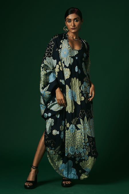 Arte-Alter_Blue Handloom Cotton Embroidery Aconite Hand Printed Draped Dress With Cape _at_Aza_Fashions