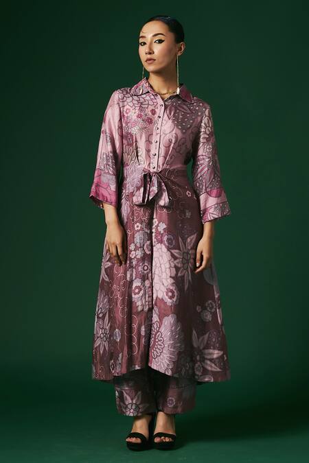 Arte-Alter_Purple Silk Embroidery Collared Lantana Hand Printed Shirt Kurta And Pant Set _Online_at_Aza_Fashions