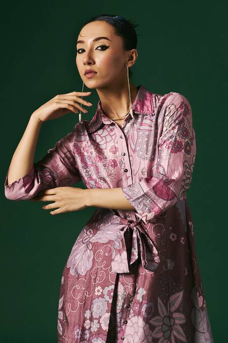 Buy_Arte-Alter_Purple Silk Embroidery Collared Lantana Hand Printed Shirt Kurta And Pant Set 