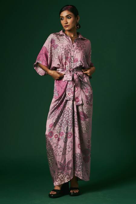 Arte-Alter_Purple Silk Embroidery Collared Aster Hand Printed Draped Dress _Online_at_Aza_Fashions