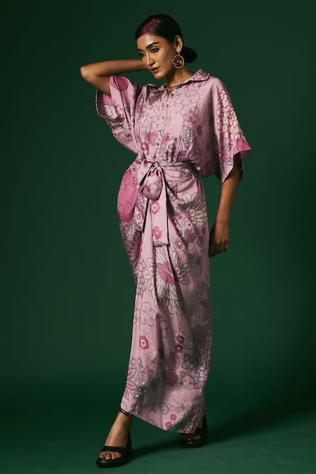 Buy_Arte-Alter_Purple Silk Embroidery Collared Aster Hand Printed Draped Dress _Online_at_Aza_Fashions