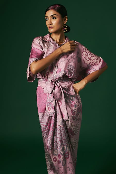 Arte-Alter_Purple Silk Embroidery Collared Aster Hand Printed Draped Dress _at_Aza_Fashions