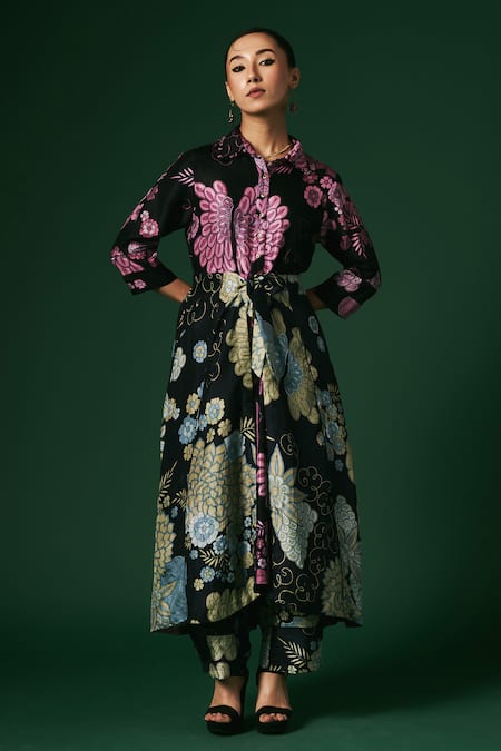 Arte-Alter_Black Handloom Cotton, Silk Anemone Hand Printed Shirt Kurta And Pant Set _Online_at_Aza_Fashions