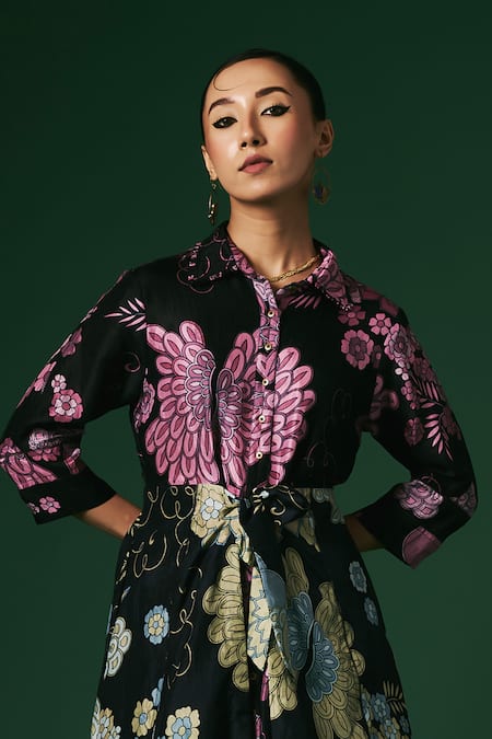 Buy_Arte-Alter_Black Handloom Cotton, Silk Anemone Hand Printed Shirt Kurta And Pant Set _Online_at_Aza_Fashions