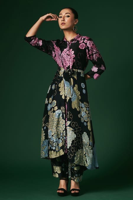 Shop_Arte-Alter_Black Handloom Cotton, Silk Anemone Hand Printed Shirt Kurta And Pant Set _Online_at_Aza_Fashions