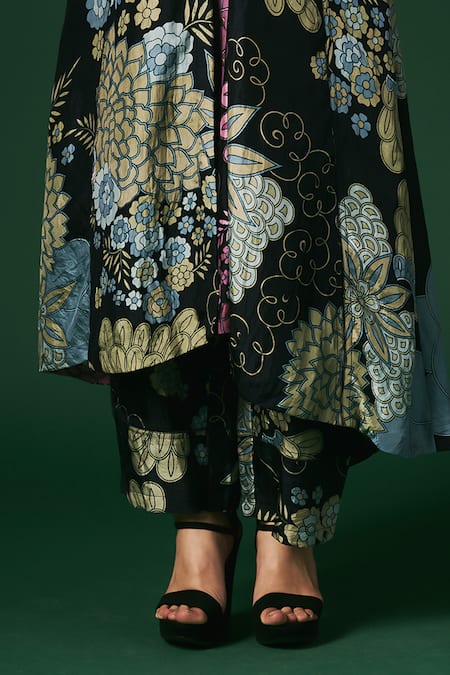 Arte-Alter_Black Handloom Cotton, Silk Anemone Hand Printed Shirt Kurta And Pant Set _at_Aza_Fashions