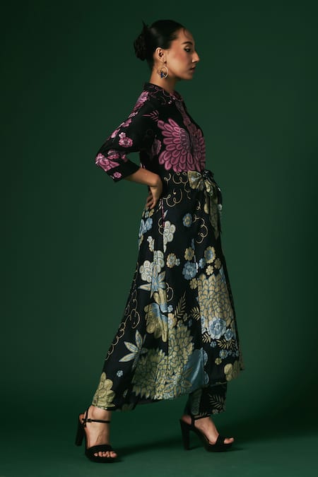 Shop_Arte-Alter_Black Handloom Cotton, Silk Anemone Hand Printed Shirt Kurta And Pant Set 