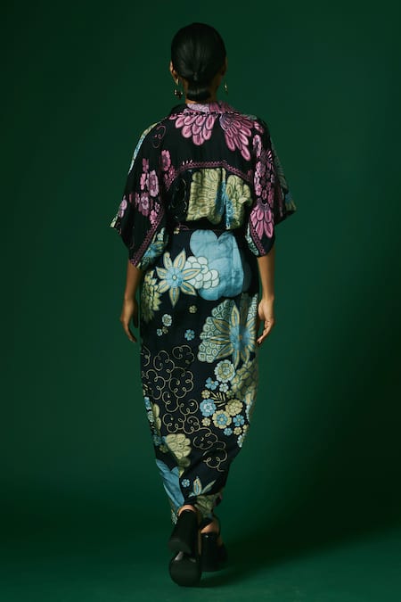 Arte-Alter Floral Hand Printed Draped Maxi Dress 