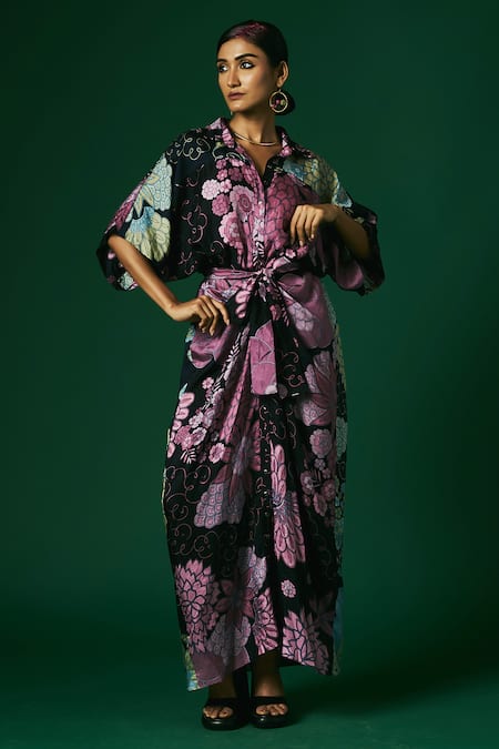 Arte-Alter_Black Silk Embroidery Collared Floral Hand Printed Draped Maxi Dress _Online_at_Aza_Fashions