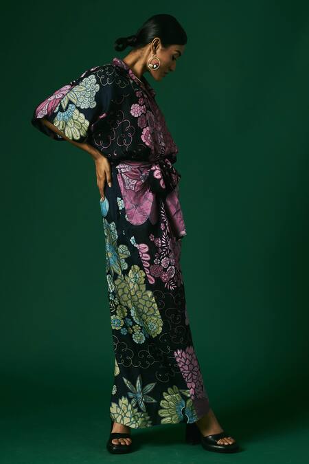 Buy_Arte-Alter_Black Silk Embroidery Collared Floral Hand Printed Draped Maxi Dress _Online_at_Aza_Fashions