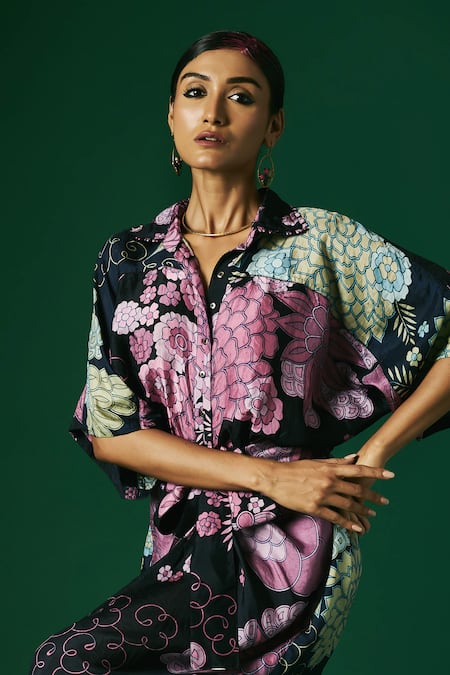 Shop_Arte-Alter_Black Silk Embroidery Collared Floral Hand Printed Draped Maxi Dress _Online_at_Aza_Fashions