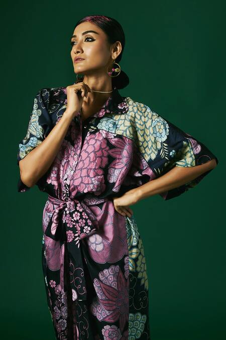 Arte-Alter_Black Silk Embroidery Collared Floral Hand Printed Draped Maxi Dress _at_Aza_Fashions