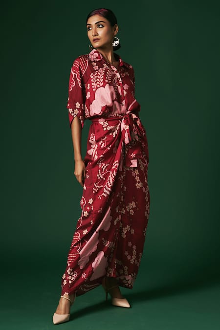 Arte-Alter Maroon Silk Embroidery Collared Azalea Hand Printed Draped Dress Online at Aza Fashions Arte-Alter_Maroon Silk Embroidery Collared Azalea Hand Printed Draped Dress _Online_at_Aza_Fashions