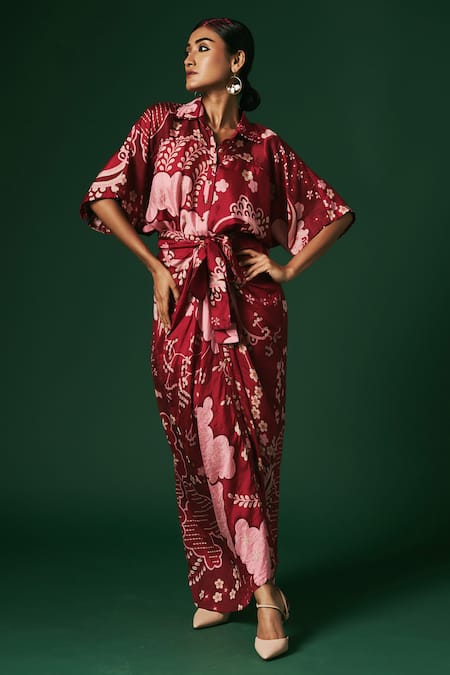 Buy Arte-Alter Maroon Silk Embroidery Collared Azalea Hand Printed Draped Dress Online at Aza Fashions Buy_Arte-Alter_Maroon Silk Embroidery Collared Azalea Hand Printed Draped Dress _Online_at_Aza_Fashions