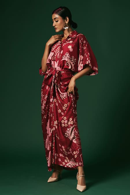 Shop Arte-Alter Maroon Silk Embroidery Collared Azalea Hand Printed Draped Dress Online at Aza Fashions Shop_Arte-Alter_Maroon Silk Embroidery Collared Azalea Hand Printed Draped Dress _Online_at_Aza_Fashions