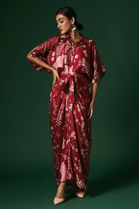 Arte-Alter Maroon Silk Embroidery Collared Azalea Hand Printed Draped Dress at Aza Fashions Arte-Alter_Maroon Silk Embroidery Collared Azalea Hand Printed Draped Dress _at_Aza_Fashions