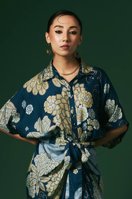 Buy_Arte-Alter_Blue Silk Embroidery Collared Bergenia Hand Printed Draped Dress _Online_at_Aza_Fashions