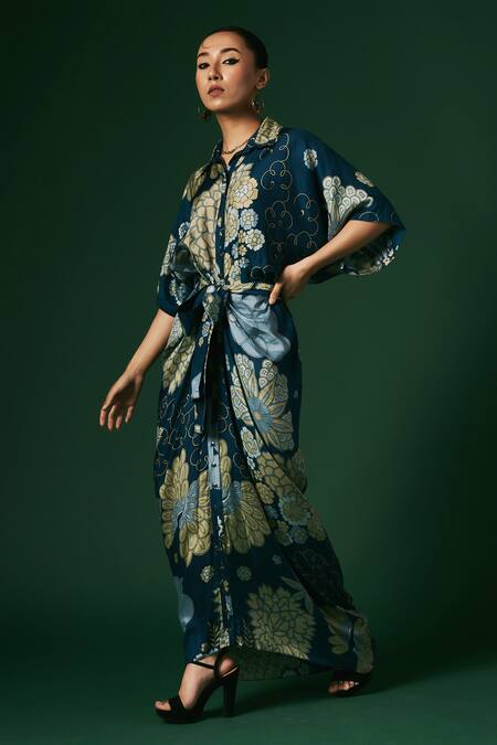 Arte-Alter_Blue Silk Embroidery Collared Bergenia Hand Printed Draped Dress _at_Aza_Fashions