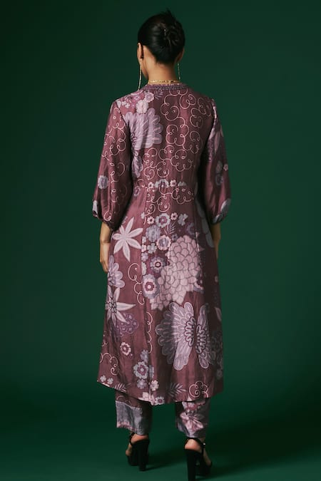 Arte-Alter Geranium Floral Hand Print Anarkali & Pant Set 