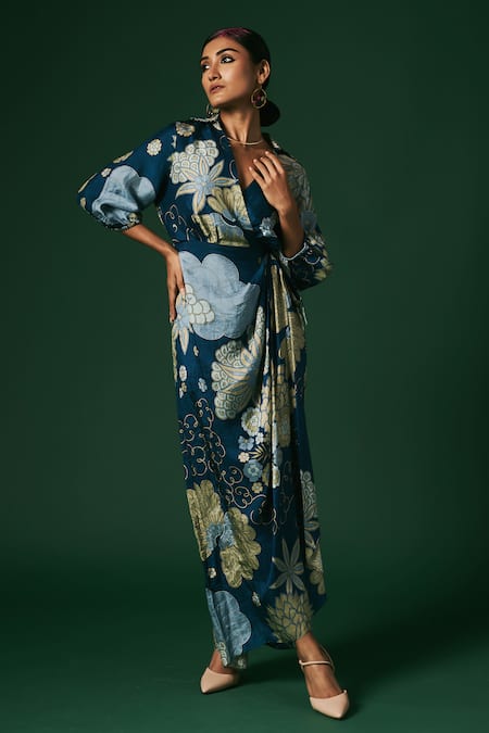 Buy_Arte-Alter_Blue Silk Embroidery V-neck Poppy Hand Printed Draped Wrap Dress _Online_at_Aza_Fashions