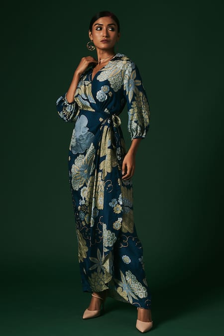 Shop_Arte-Alter_Blue Silk Embroidery V-neck Poppy Hand Printed Draped Wrap Dress _Online_at_Aza_Fashions