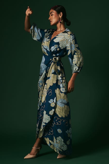Arte-Alter_Blue Silk Embroidery V-neck Poppy Hand Printed Draped Wrap Dress _at_Aza_Fashions
