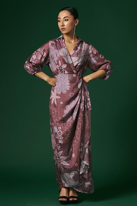 Arte-Alter Juniper Hand Printed Draped Wrap Dress 