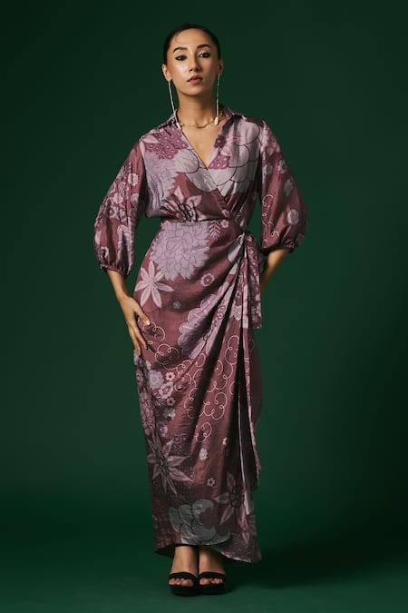 Arte-Alter_Purple Silk, Handloom Cotton Embroidery Juniper Hand Printed Draped Wrap Dress _Online_at_Aza_Fashions