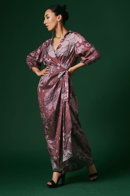 Buy_Arte-Alter_Purple Silk, Handloom Cotton Embroidery Juniper Hand Printed Draped Wrap Dress _Online_at_Aza_Fashions