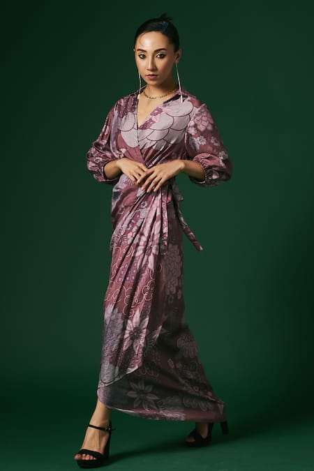 Shop_Arte-Alter_Purple Silk, Handloom Cotton Embroidery Juniper Hand Printed Draped Wrap Dress _Online_at_Aza_Fashions