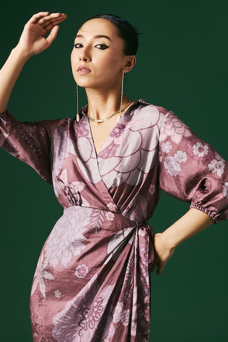 Arte-Alter_Purple Silk, Handloom Cotton Embroidery Juniper Hand Printed Draped Wrap Dress _at_Aza_Fashions