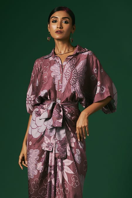 Arte-Alter_Purple Silk Collared Lantana Hand Printed Draped Dress _Online_at_Aza_Fashions