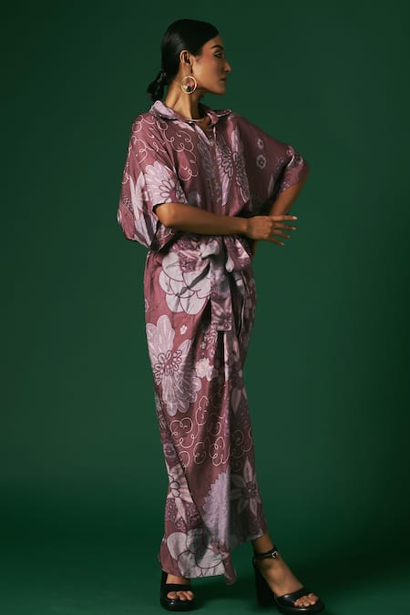 Buy_Arte-Alter_Purple Silk Collared Lantana Hand Printed Draped Dress _Online_at_Aza_Fashions