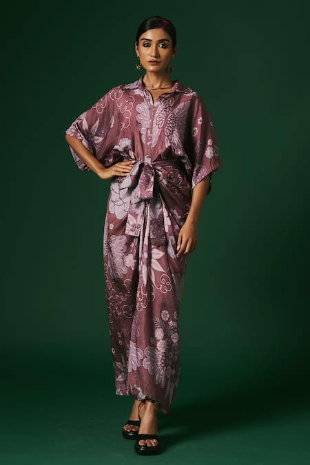 Shop_Arte-Alter_Purple Silk Collared Lantana Hand Printed Draped Dress _Online_at_Aza_Fashions