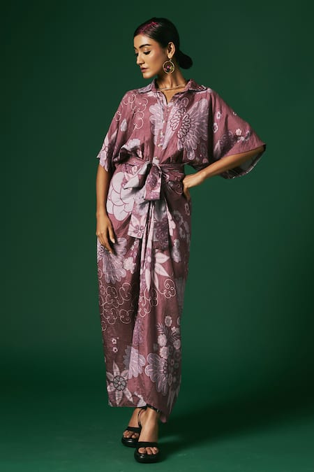 Arte-Alter_Purple Silk Collared Lantana Hand Printed Draped Dress _at_Aza_Fashions