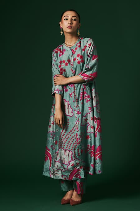 Shop_Arte-Alter_Blue Silk Embroidery Mandarin Angelonia Floral Hand Print Kurta And Pant Set _Online_at_Aza_Fashions