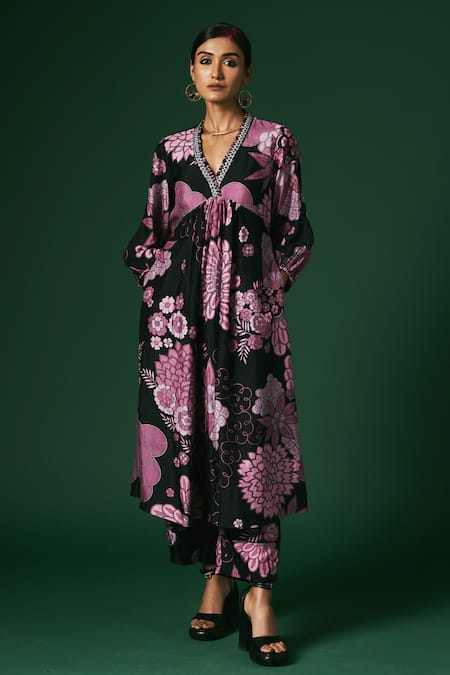Arte-Alter_Black Handloom Cotton, Silk Embroidery Coneflower Hand Print Anarkali And Pant Set _Online_at_Aza_Fashions