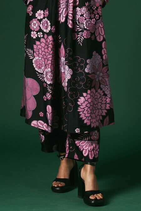 Buy_Arte-Alter_Black Handloom Cotton, Silk Embroidery Coneflower Hand Print Anarkali And Pant Set _Online_at_Aza_Fashions