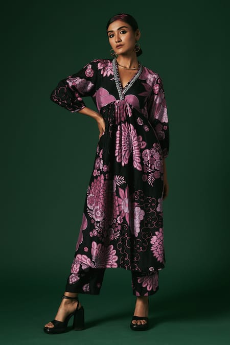 Shop_Arte-Alter_Black Handloom Cotton, Silk Embroidery Coneflower Hand Print Anarkali And Pant Set _Online_at_Aza_Fashions