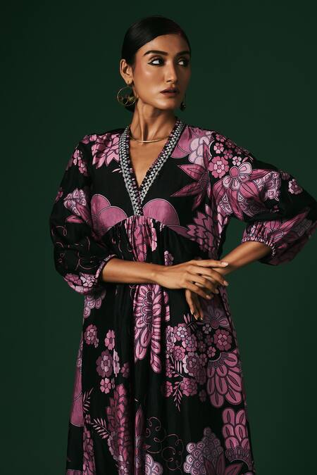 Arte-Alter_Black Handloom Cotton, Silk Embroidery Coneflower Hand Print Anarkali And Pant Set _at_Aza_Fashions